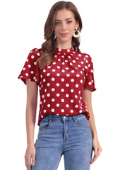 Polka Dots Stand Collar Pleat Keyhole Short Flare Sleeve Blouse