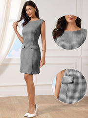 Sleeveless Boat Neck Vintage Houndstooth Work Dress
