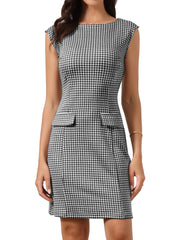 Sleeveless Boat Neck Vintage Houndstooth Work Dress
