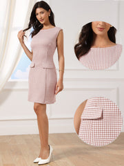 Sleeveless Boat Neck Vintage Houndstooth Work Dress