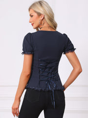 Sweetheart Neck Puff Short Sleeve Lace Up Gothic Blouse