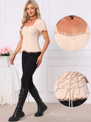 Sweetheart Neck Puff Short Sleeve Lace Up Gothic Blouse