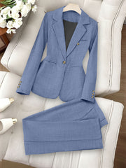 2 Pieces Notched Lapel One Button Lined Blazer & Straight Legs Trousers Pants Suit Set