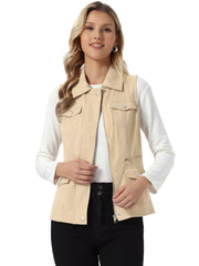 Zip Up Pockets Sleeveless Cargo Jacket Utility Vest