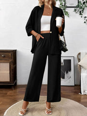 2 Pieces Solid Color 3/4 Sleeves Blazer & Straight Legs Trousers Pants Matching Set