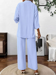 2 Pieces Solid Color 3/4 Sleeves Blazer & Straight Legs Trousers Pants Matching Set