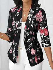3/4 Sleeve Floral Notched Lapel Blazer