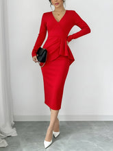 Pleated V Neck Long Sleeves Bodycon Midi Dress
