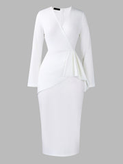 Pleated V Neck Long Sleeves Bodycon Midi Dress