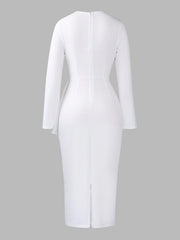 Pleated V Neck Long Sleeves Bodycon Midi Dress