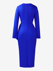 Pleated V Neck Long Sleeves Bodycon Midi Dress