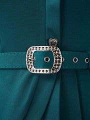 3/4 Puff Sleeves Belted Midi Pleated Sheath Dress