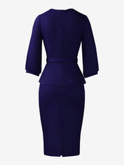 3/4 Puff Sleeves Belted Midi Pleated Sheath Dress