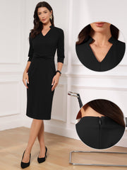 3/4 Sleeve Collared V Neck Business Office Sheath Dress