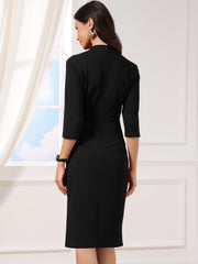 3/4 Sleeve Collared V Neck Business Office Sheath Dress