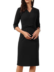 3/4 Sleeve Collared V Neck Business Office Sheath Dress