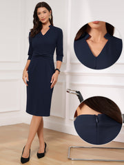 3/4 Sleeve Collared V Neck Business Office Sheath Dress