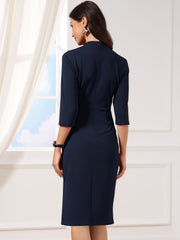 3/4 Sleeve Collared V Neck Business Office Sheath Dress
