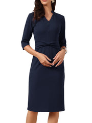 3/4 Sleeve Collared V Neck Business Office Sheath Dress