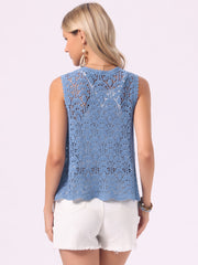 Floral Crochet Hollow Out Sleeveless Open Front Boho Vest Cardigan