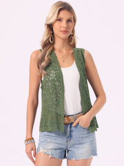 Floral Crochet Hollow Out Sleeveless Open Front Boho Vest Cardigan