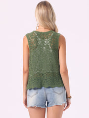 Floral Crochet Hollow Out Sleeveless Open Front Boho Vest Cardigan