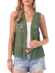Floral Crochet Hollow Out Sleeveless Open Front Boho Vest Cardigan