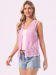 Floral Crochet Hollow Out Sleeveless Open Front Boho Vest Cardigan