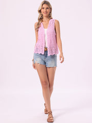 Floral Crochet Hollow Out Sleeveless Open Front Boho Vest Cardigan