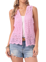 Floral Crochet Hollow Out Sleeveless Open Front Boho Vest Cardigan