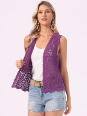 Floral Crochet Hollow Out Sleeveless Open Front Boho Vest Cardigan