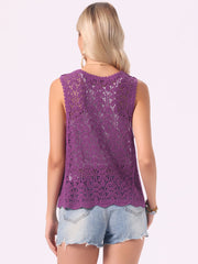 Floral Crochet Hollow Out Sleeveless Open Front Boho Vest Cardigan