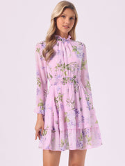 Floral Chiffon Long Sleeve Mock Neck Ruffle Layered Mini Dress