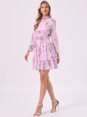 Floral Chiffon Long Sleeve Mock Neck Ruffle Layered Mini Dress