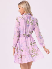 Floral Chiffon Long Sleeve Mock Neck Ruffle Layered Mini Dress