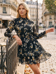 Floral Chiffon Long Sleeve Mock Neck Ruffle Layered Mini Dress