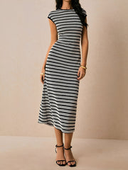 Striped Textured Boat Neck Cap Sleeves Dress