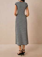 Striped Textured Boat Neck Cap Sleeves Dress