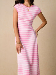 Striped Textured Boat Neck Cap Sleeves Dress