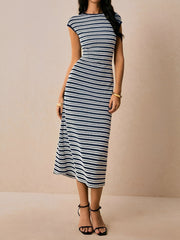 Striped Textured Boat Neck Cap Sleeves Dress