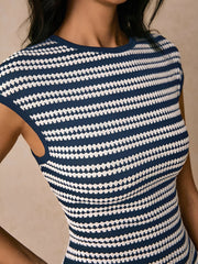 Striped Textured Boat Neck Cap Sleeves Dress