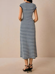 Striped Textured Boat Neck Cap Sleeves Dress