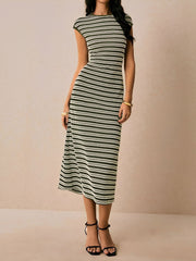 Striped Textured Boat Neck Cap Sleeves Dress