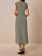 Striped Textured Boat Neck Cap Sleeves Dress