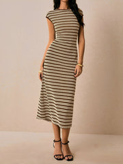 Striped Textured Boat Neck Cap Sleeves Dress