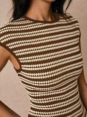 Striped Textured Boat Neck Cap Sleeves Dress