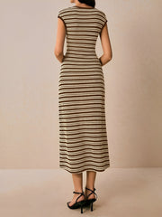 Striped Textured Boat Neck Cap Sleeves Dress