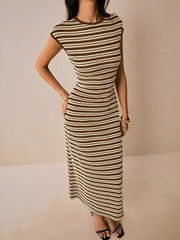 Striped Textured Boat Neck Cap Sleeves Dress