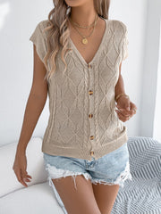 Solid Color Button Up V Neck Short Sleeves Knit Top