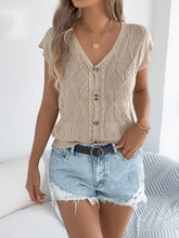 Solid Color Button Up V Neck Short Sleeves Knit Top